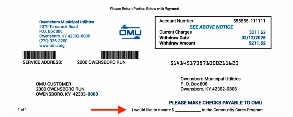 A sample OMU bill remittance stub with the Community Cares Program donation area pointed out.